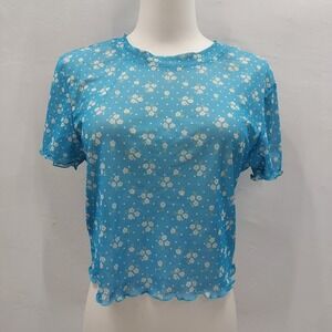 BCBGeneration Mesh Floral Top Women's Large Blue Sheer Fairycore Soft Girl Y2K